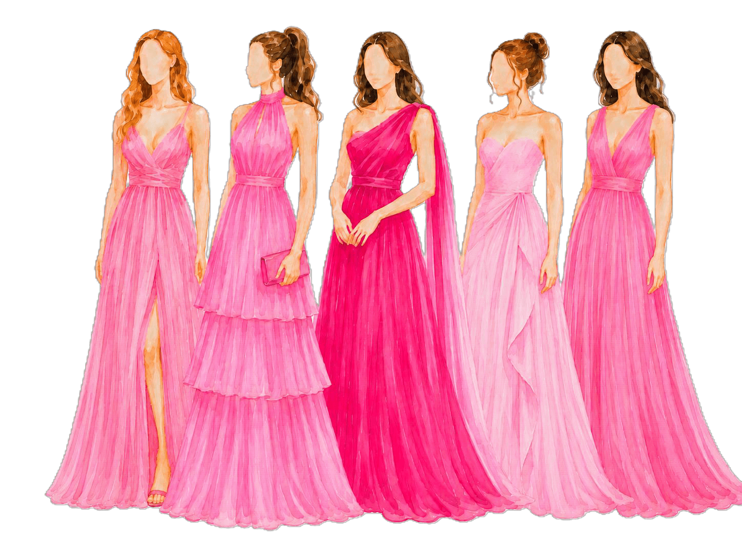 Ilustração em aquarela de madrinhas com vestidos em tons de rosa