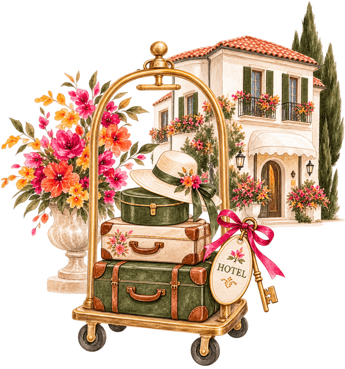 Ilustração de carrinho de malas em frente a um hotel