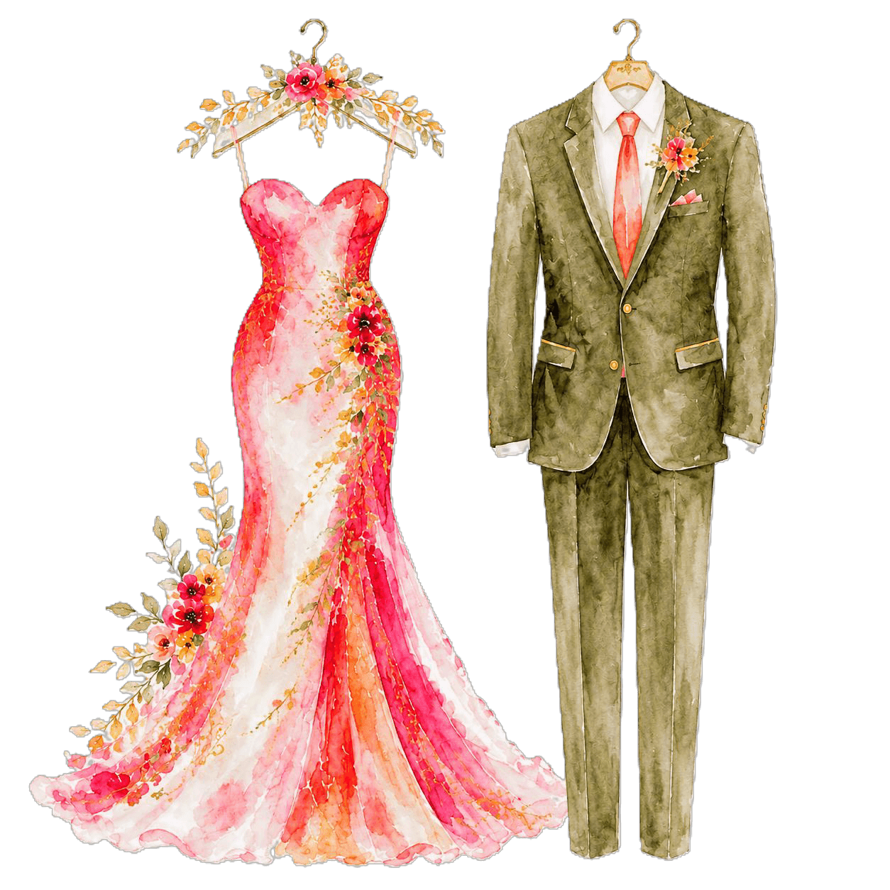 Ilustração de vestido e terno para o casamento